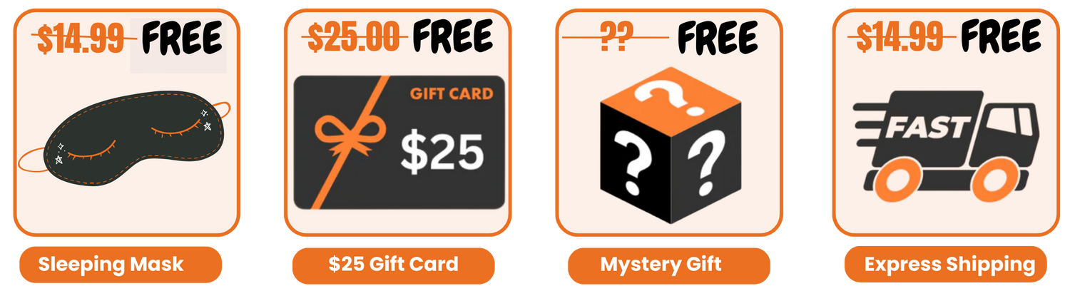 Set of freebie options including a sleeping mask, $25 gift card, mystery gift, and fast shipping on a white background.